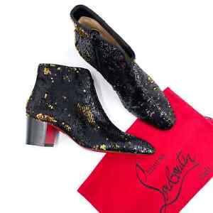 New Christian Louboutin Disco Boots Black Gold Sequin Block Heel Sz 39 / 9