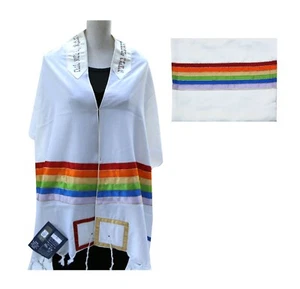 Tallit + Tallit Bag + Atara, White BG & Colorful Rainbow Design ISRAEL 70x18" - Picture 1 of 4