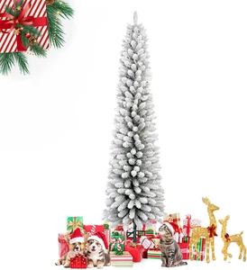 6FT Snow Flocked Pencil Christmas Tree, Slim Artificial Holiday Decoration with - Picture 1 of 9