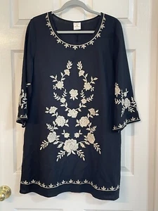 By Together Black Cotton Blend Tan Embroidered Floral Dress Size L Women’s Boho - Picture 1 of 15