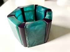 Vtg Bakelite Stretch Bracelet TEAL Blue & Dark Purple Marbled Chunky