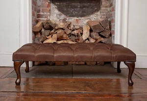 Large Chesterfield Queen Anne Footstool in Vintage Brown Leather Handmade in UK - Picture 1 of 3