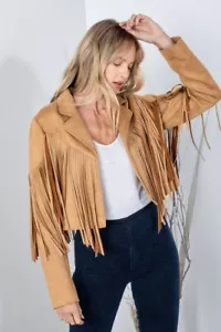 Camel Faux Leather Suede Fringe Cropped Western Boho Moto Jacket Women's - Picture 1 of 8