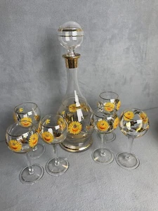 Vintage MCM Glass Hand-painted Sunflower Gold Trimmed Decanter & 6 Glasses - Picture 1 of 8