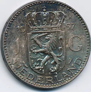 1957 GEM BU NIEDERLANDE, SILBER 1 GULDEN, KM #184, SCHÖN GETÖNT - Bild 1 von 6