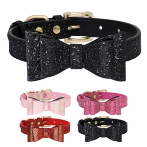 Glitter Bling Dog Collar With Bow Tie Soft Leather Pet Puppy Collars Adjustable - Picture 1 of 23