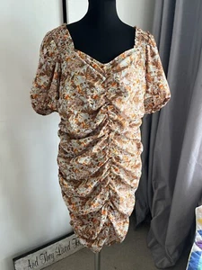 Womens Vero Moda dress size XL floral brown gathered puff sleeve ruffles wedding - Picture 1 of 13