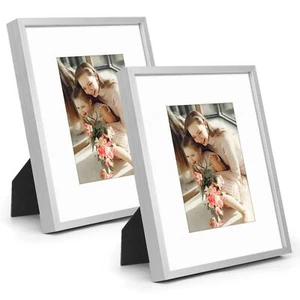 8x10 Picture Frame Displays 5x7 with Mat Shatter Resistant Glass Aluminum 2 Pack - Picture 1 of 9
