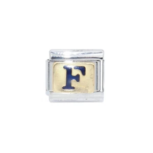 Blauer Buchstabe F auf Gold Italian Charm - passt 9mm klassischen italienischen Bettelarmbändern - Bild 1 von 1