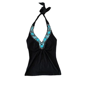 Cache Y2K Halter Top Shirt Women's XS Black Beaded Blue Turquoise Beads Stretch - Picture 1 of 10