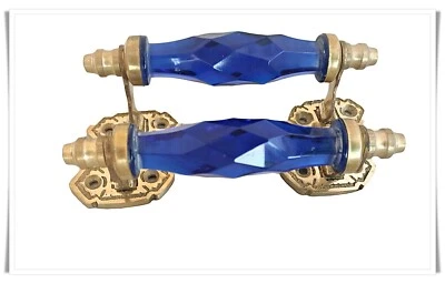 Par de manijas de puerta de empuje de latón y vidrio corte cobalto victoriano de aspecto de colección de 4" Foto 1 de 4