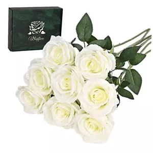 Fake White Roses Artificial Flowers Bulk, Real Touch Silk Faux 8 Pcs A-white - Picture 1 of 7