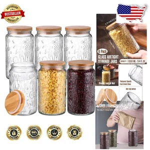 Charming Vintage Glass Storage Jars - 6-Pack 34 oz Airtight Food Containers - Picture 1 of 9