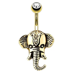 1 - Gold Ion Elephant Ornament CZ Head 316L Surgical Steel Navel Belly Ring B322 - Picture 1 of 1