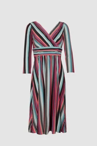 $89 London Times Women's Blue 3/4 Sleeve Striped Empire Waist Midi Dress Size 8 - Picture 1 of 2