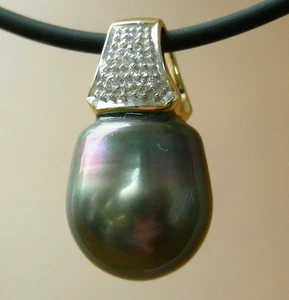 15,2 mm!! COLGANTE TAHITÍ PERLA NEGRA 100% SIN TRATAR +DIAMANTES+ORO 18ct Y+certificado - Imagen 1 de 1