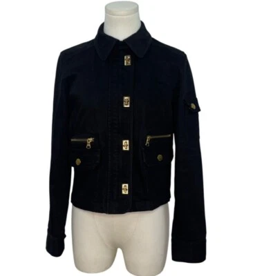 Chaqueta de mezclilla elástica negra Ralph Lauren para mujer pequeña con herrajes dorados talla P/S Foto 1 de 4