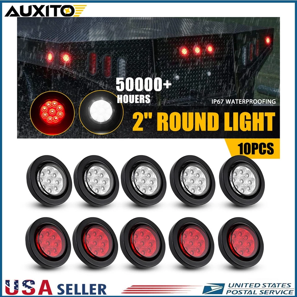 2 Inch Round 9 LED Red White Marker Clearance Lights 10PCS Fit Kenworth W900 - Image 1 of 4