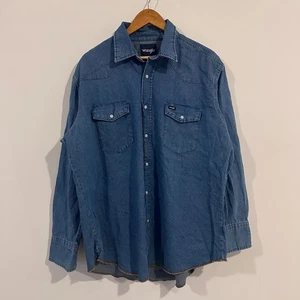 Vintage 90s Wrangler Denim Button Down Shirt Pearl Snap Blue Jean XL Western - Picture 1 of 6
