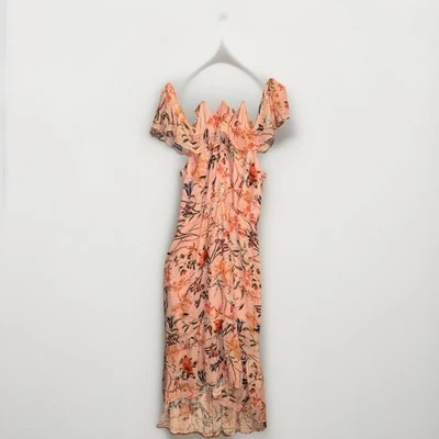 Peach Floral Strappy XL High Low Midi Dress Boho Ruffle Shoulder Resort Wedding - Image 1 of 4