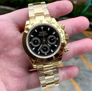 Seikmod Gold Chrono | Black Dial Panda | Quartz | Tachymeter Bezel - Bild 1 von 6