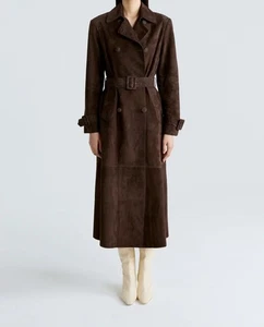 Women’s Dark Brown Suede Trench Coat | Long Double-Breasted Belted Overcoat | El - Picture 1 of 7