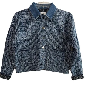 Sandro Paris Jeny Denim Collar Tweed Blue Metallic Jacket Womens Sz 1 Wool Blend - Picture 1 of 13