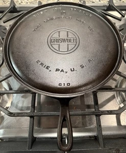 Plancha de hierro fundido Griswold #10 Erie PA EE. UU. Modelo 610 logotipo de bloque grande 1920-1940 - Imagen 1 de 13