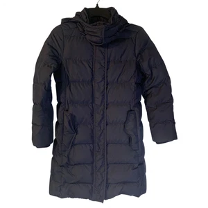 J. Abrigo acolchado de plumón Crew para mujer talla pequeña PXS azul marino cinturón con capucha de longitud media - Imagen 1 de 11