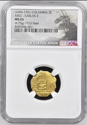 1694-1701 Colombia Gold Cob 2 Escudos NGC MS65 1715 Fleet Shipwreck FINEST Known - Image 1 of 4