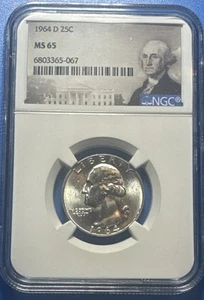 1964 D NGC MS 65 Washington Silver Quarter, Gem MS 65 Silver 25-Cent Coin - Picture 1 of 7