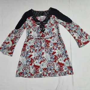 Miss Me Dress Womens XS Blue Red Gray Floral Print Synch Waist Lace Sleeves - Picture 1 of 11