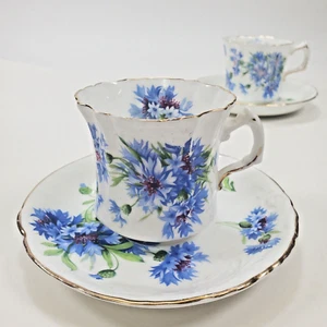Pair Antique Hammersley Teacups Cornflower Blue Gold Bone China Made In England - Picture 1 of 9