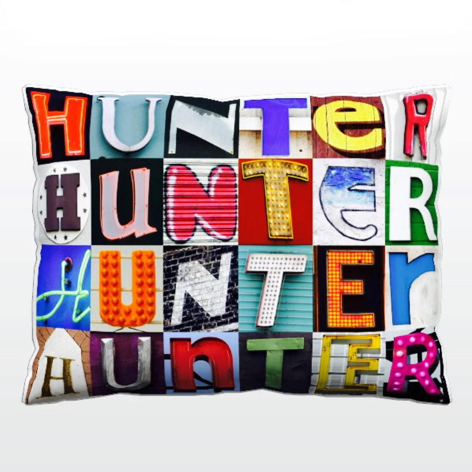 Personalized Pillow featuring the name HUNTER in photos of sign letters - Image 1 of 1