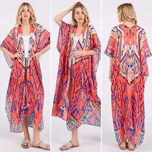 Multicolor Boho Bohemian Print Open Front Long Kimono Shawl Cover Up - Picture 1 of 4