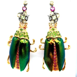 Gemstone Red Ruby, Chrome,.. Jewel Beetle Wings Brooch/Earrings 925 Silver - Picture 1 of 4