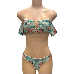 Costume da bagno bikini coniglietto da spiaggia floreale spalle scoperte con volant carino estivo spiaggia - Foto 1 di 1