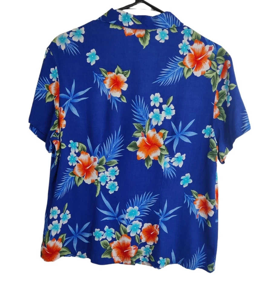 Camisa Hawaiana Aloha Hut Mujer Rayón Hibisco Flores Abotonada Azul Talla L Foto 1 de 4