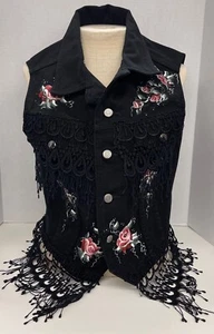 Vintage Watch LA Denim Vest Painted Floral with Crochet Lace Trim SZ L Black - Picture 1 of 2