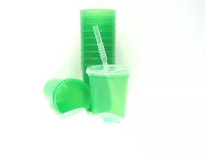 12 12 oz piccoli bicchieri verdi traslucidi piccoli coperchi cannucce Mfg USA* - Foto 1 di 3