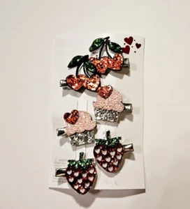 Claire's Hair Clips Set ~Valentine's Cherries Cupcakes Strawberries~ 6 p Glitter - Picture 1 of 2