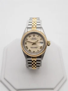 $12,000 69173 ROLEX DATEJUST 18k Yellow Gold SS WHITE Ladies Watch SERVICED - Picture 1 of 6