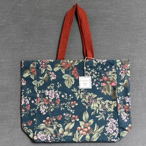 Laura Ashley Tote Bag Fall Floral Teal Canvas Reusable Shopping Cottage Boho - Picture 1 of 9
