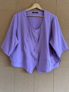 Lagenlook Shirt Jacket UK 12 14 Medium Lilac Crop Sleeve Boxy Blouse Spring Arty - Picture 1 of 11