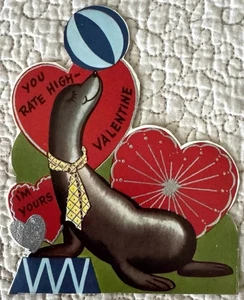Biglietto auguri vintage glitter naso palla equilibrio sigillo San Valentino mai usato anni 50 60 - Foto 1 di 2