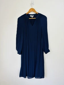 Hobbs Dress Women Size 10 Navy Pleated Chiffon Lined V Neck Long Sleeve Shift - Picture 1 of 10
