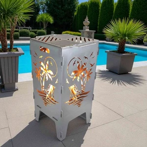 Feuerkorb mit Grill Motiv Palmenstrand hochwertig 38x75cm 3mm Stahl Feuerstelle - Bild 1 von 12