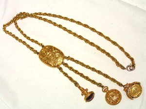 ...Vintage MAXINE DENKER...Gold Tone Ancient Designs Dangles Pendant Necklace... - Picture 1 of 10