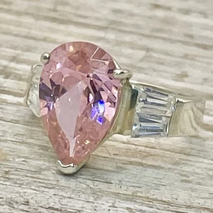 Sterling Silver 925 Large CZ Pink Pear Ring with 4 Clear CZ Sidee Baguettes Sz 7 - Picture 1 of 10