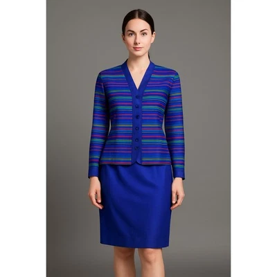 Blazer Vintage Adrianna Papell Años 90 Rayas de Seda y Falda Lápiz Azul Traje 2P Foto 1 de 4